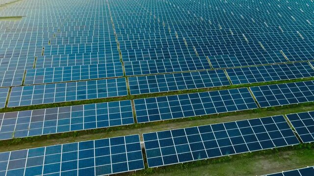 Aerial: Solar energy panels, Green energy conservation ecology, Renewable green alternative energy concept