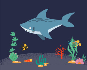 A set of marine and oceanic habitats in the center of which is a gray shark. Beautiful coral reef and tropical fish on a blue sea background. Color flat vector illustration