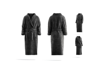 Blank black hotel bathrobe mock up, different views