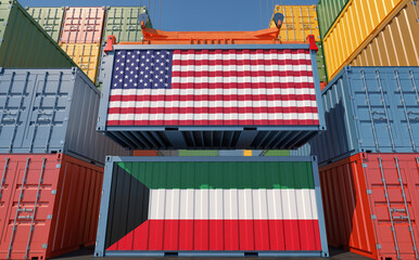 Container Terminal. Two cargo Container with Kuwait and USA flags. 3D Rendering