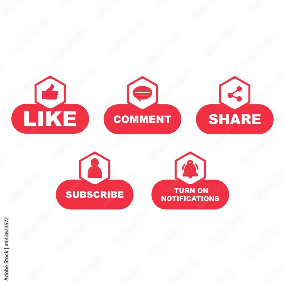 Poster subscriber button collection with multiple shapes. red color button collection with like, comment, a
