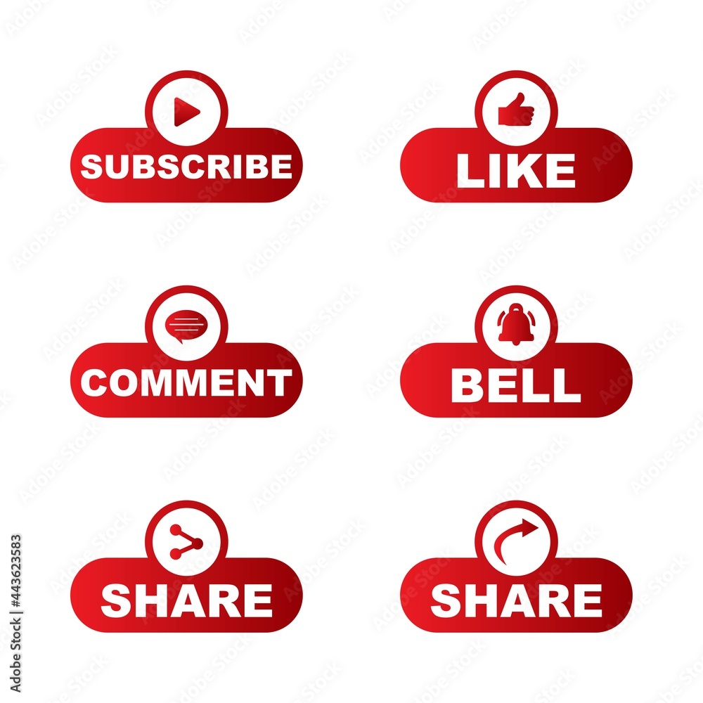 Poster subscribe button collection with multiple shapes. stylish red color button collection with like, com