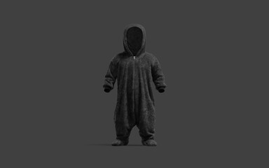 Blank black kid plush jumpsuit with hood mockup, dark background