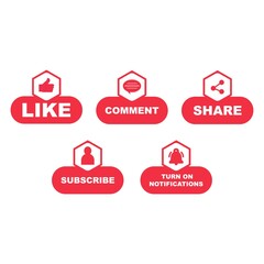 Subscriber button collection with multiple shapes. Red color button collection with like, comment, and share icon. Red color simple social media button collection.