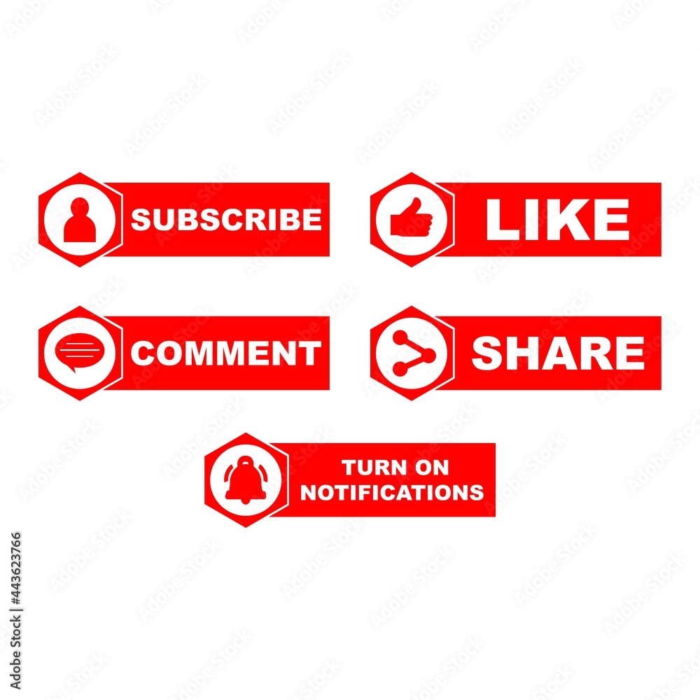 Poster subscribe button collection with working tool shapes. red color button collection with like, comment