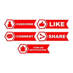 Subscriber button collection with multiple ribbon shapes. Red color button collection with like, comment and share icon. Simple red color social media button collection.