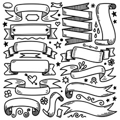 Hand drawn ribbons doodle style. Decorative element for wedding, birthday etc. Isolated on white background. Vector print illustration