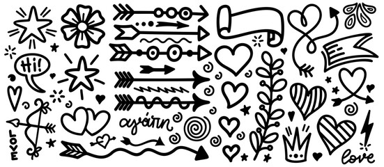 Hand drawn arrow and heart doodle style. Decorative element for wedding, birthday etc. Greek word agapi means love. Vector print illustration