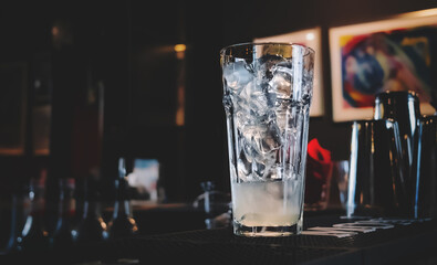 Ice cube in an empty glass on a bar counterin bar or pub