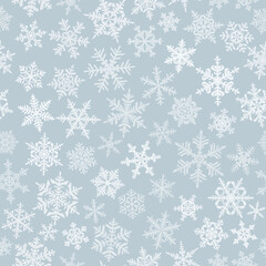Christmas seamless pattern with complex big and small snowflakes, white on gray background