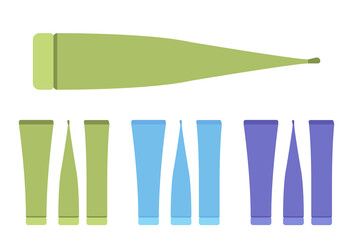 Plastic cosmetic tube, toothpaste bottle empty green, blue, dark set. Large cap makeup cream storage, shampoo container, body lotion template. Vector flat style cartoon illustration, different views
