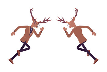 Deer man, elegant mister moose, animal head stylish human running fast. Dressed up gentleman having large, horns, antlers, wearing glasses. Vector flat style cartoon illustration, front and rear view