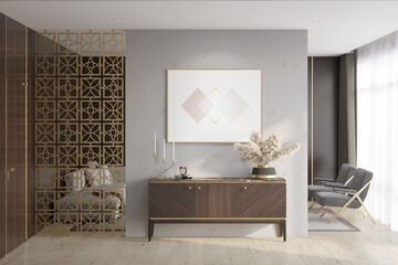 Luxury apartment suite lounge room with a horizontal poster over a wooden curbstone, a door, dark wood wall panels, a decorative partition, a sofa, armchairs, and curtains in the background. 3d render