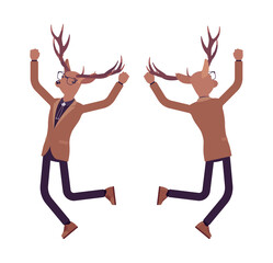 Deer man, elegant mister moose, animal head stylish human jumping. Dressed up gentleman having large, horns, antlers, wearing glasses. Vector flat style cartoon illustration, front and rear view
