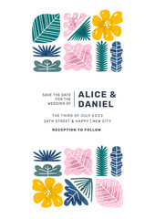 Hawaii style summer wedding invitation design. Tropical leaves and flowers. 