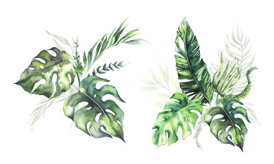 Watercolor summer arrangement with hand painted tropical dried palm leaves, branches of green leaves. Romantic floral bouquet perfect for wedding greeting cards, invitation and more. High quality