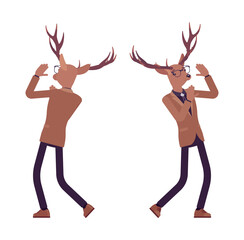 Fototapeta na wymiar Deer man, elegant mister moose, animal head stylish human scared. Dressed up gentleman having large, horns, antlers, wearing glasses. Vector flat style cartoon illustration, front and rear view