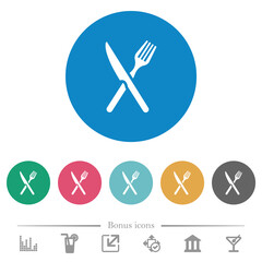 Fork and knife in crossed position flat round icons