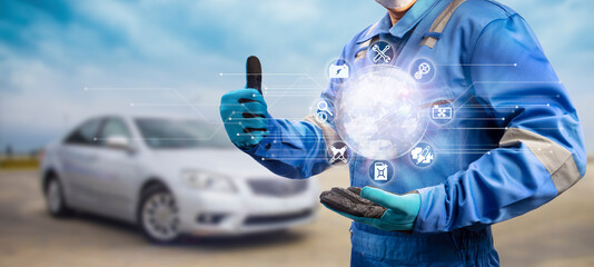 Car Mechanics hand holding Smart 
service technician icon, Repair, Maintenance, Technical Support, Professional auto service Center 
concept. - obrazy, fototapety, plakaty