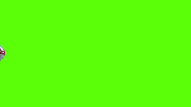 3D red rugby Ball from a side on view flying across the screen. Ball continuously spinning in a straight line, perfect for perimeter advertising with a green screen.