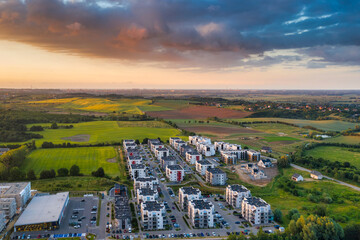 Aerial landscape of the Rotmanka village at sunset. Poland