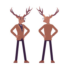Deer man, elegant mister moose, animal head stylish human standing. Dressed up gentleman having large, horns, antlers, wearing glasses. Vector flat style cartoon illustration, front and rear view
