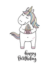 Cute funny unicorn holding cupcake. Happy Birthday hand lettered phrase