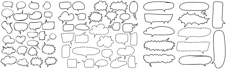 Vector set of drawn speech bubbles. Sketch doodle style. Speech clouds are drawn with a solid line and a dashed line and have different shapes. Isolated on a white background.