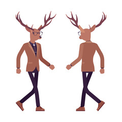 Deer man, elegant mister moose, animal head stylish human walking. Dressed up gentleman having large, horns, antlers, wearing glasses. Vector flat style cartoon illustration, front and rear view