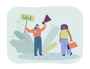 Shop assistant holding sale sign and megaphone. Worker inviting to store, happy customer with bag flat vector illustration. Sale, marketing, shopping concept for banner, website design or landing page