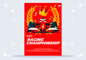Vector illustration of a poster template and a flyer for a sports car race,the winner of a racing sports car with a wreath and a trophy, confetti for the winner, the champion of racing