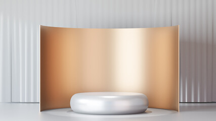 Obraz na płótnie Canvas 3D rendering background. White pillow stage podium display product with a gold curve and clean white curtain wall. Image for presentation.