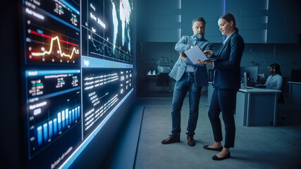 Project Manager and Computer Science Engineer Talk while Using Big Screen Display and a Laptop,...