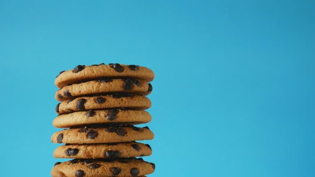 A stack of chocolate chip cookies sprout on a blue background. American cookies close up.place for text