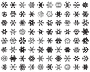 Set of different black snowflakes on a white background