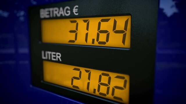 German fuel dispenser display. Fast fueling process with slow zoom-in motion.