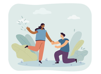 Boyfriend kneeling and holding hand of girlfriend. Young man confessing love to happy woman flat vector illustration. Relationship, romance, dating concept for banner, website design or landing page