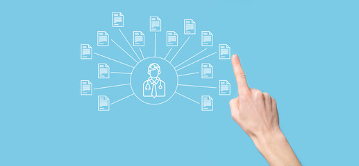 Document Management System DMS .Businessman hold doctor and document icon.Software for archiving, searching and managing corporate files and information.Internet Technology Concept.Digital security.