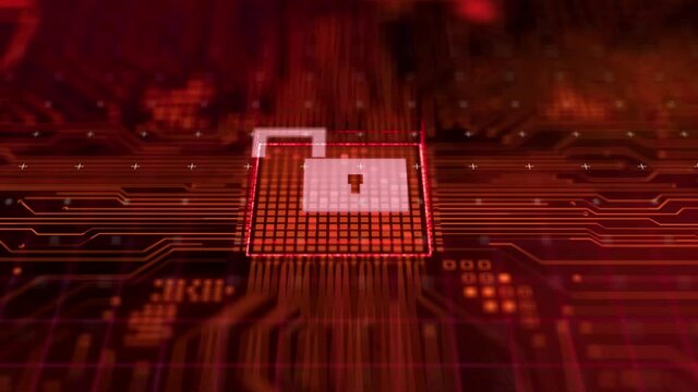 Hacker attack computer hardware microchip while process data through internet network, 3d rendering insecure Cyber Security exploit database breach concept, virus malware warning screen animation