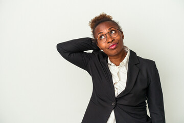 Young business african american woman isolated on white background touching back of head, thinking and making a choice.