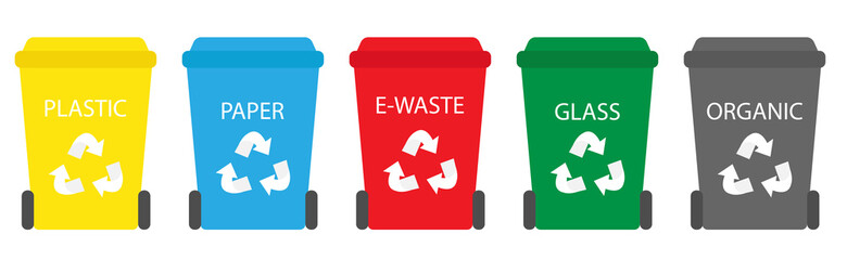Garbage sorting container: paper, organic, e-waste, glass, plastic. Vector illustration. Rubbish bins for recycling different types of waste.