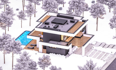 3d rendering of modern cozy house with pool and parking for sale or rent in luxurious style and beautiful landscaping on background. Cool winter evening with cozy light from windows