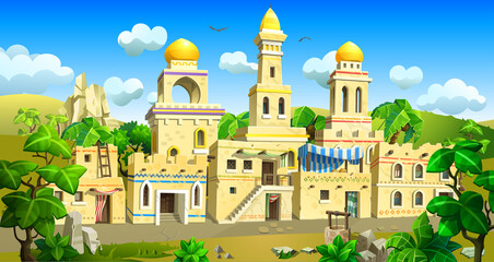 An Arab town with stone houses, large temples with domes. Vector illustration of an ancient town.