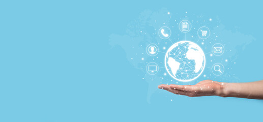 Business man hiold, use,press infographic icon of community technology digital.Concept of hi tech and big data. Global connection.IoT Internet of Things . ICT Information Communication Network .