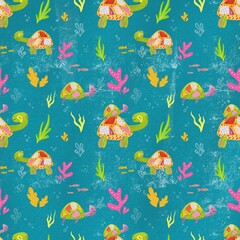 Seamless pattern, funny turtles on dark background. Designs for clothing, fabric, and other items.