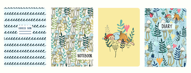 Cover page templates with funny female gnome, fairy tale elf girl sleeping in the forest. Based on seamless patterns. Backgrounds for notebooks, diaries. Headers isolated and replaceable