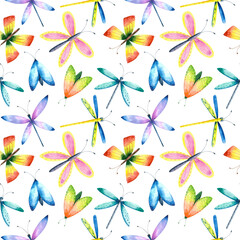Watercolor bright butterfly, dragonfly, moth seamless pattern. Colorful flying insects repeat print. Entomological background.