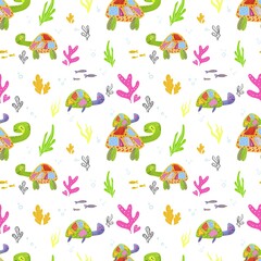 Seamless pattern, funny turtles on light background. Design for clothing, fabric and other items.