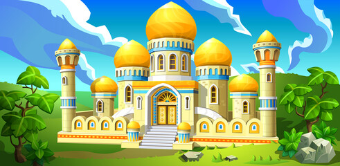 Arabian palace with white walls, towers and golden domes, tents. Vector illustration.