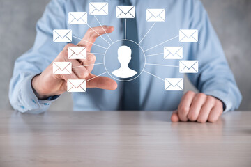 Male hand holding letter icon,email icons .Contact us by newsletter email and protect your personal...